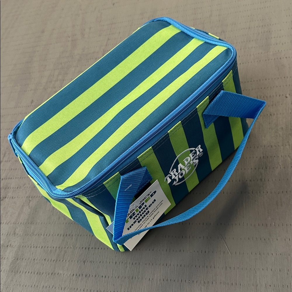Trader Joe’s mini insulated bag in neon lime pink blue and green stripes